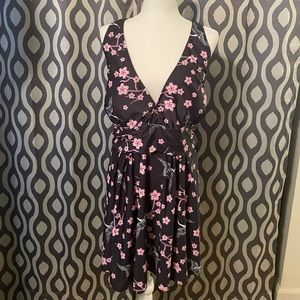 Plus Size Black Swim Dress with Japanese Cherry Blossoms and Stork Birds.